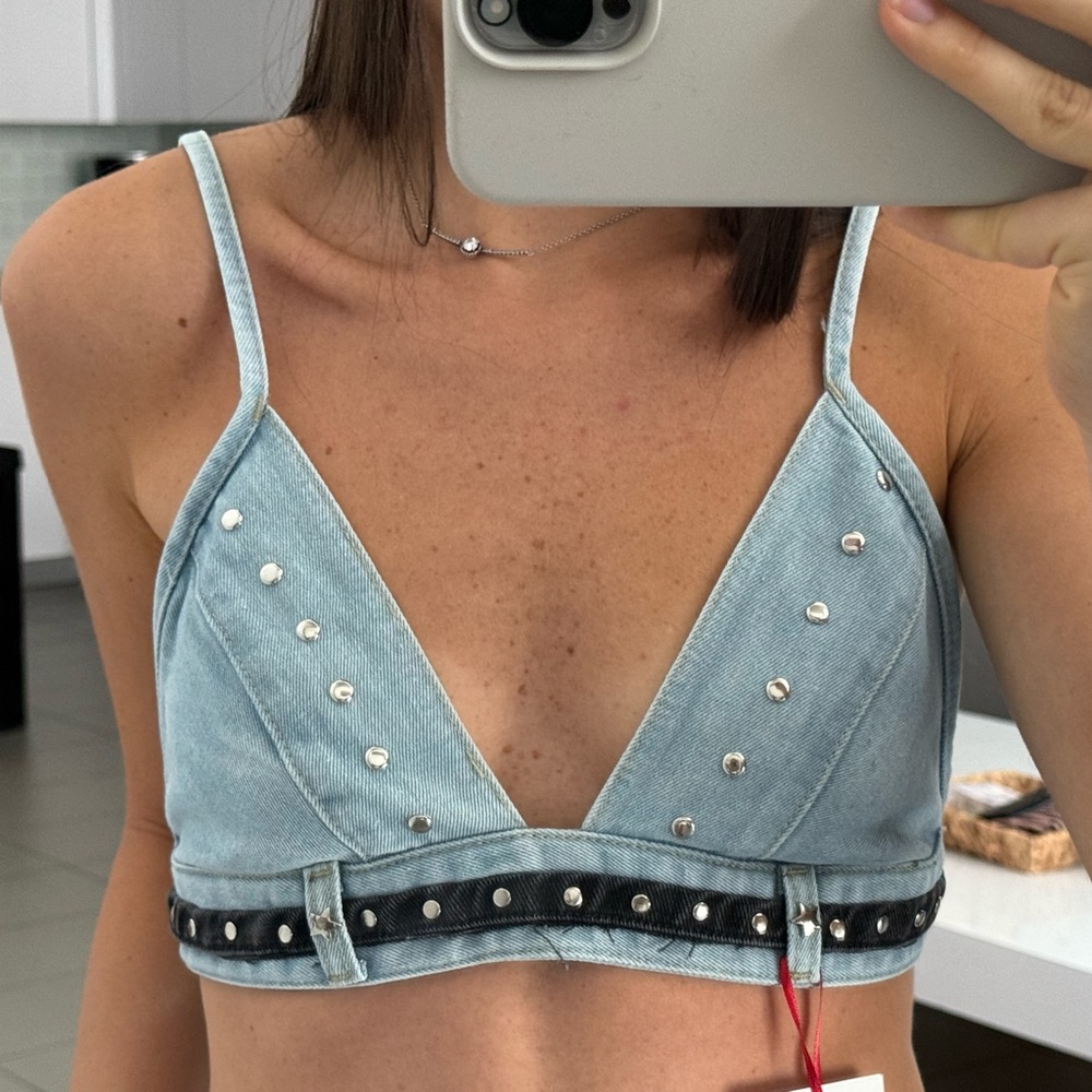 Denim Jean mini blue top handmade handcrafted with silver studs